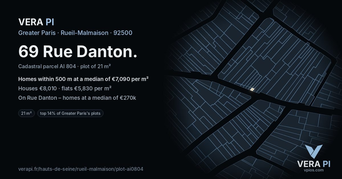 69 Rue Danton, Rueil-Malmaison at night – the plot lit, the parcels around coloured by the prices near them