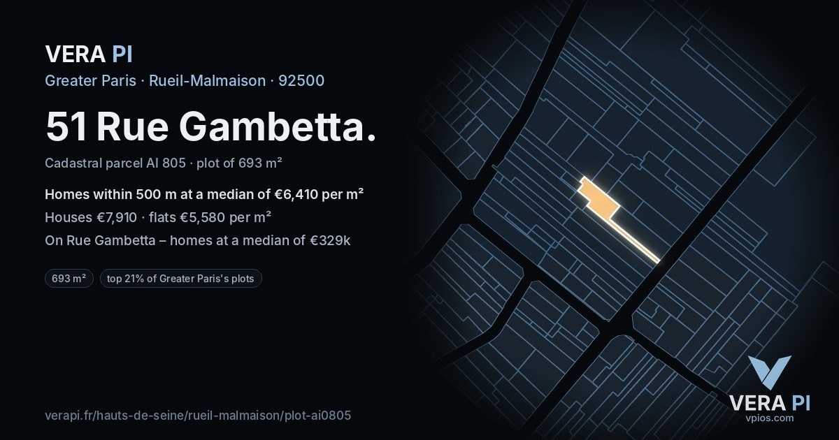 51 Rue Gambetta, Rueil-Malmaison at night – the plot lit, the parcels around coloured by the prices near them