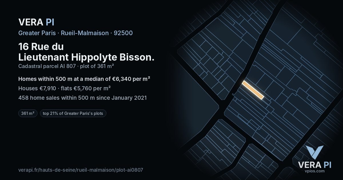 16 Rue du Lieutenant Hippolyte Bisson, Rueil-Malmaison at night – the plot lit, the parcels around coloured by the prices near them