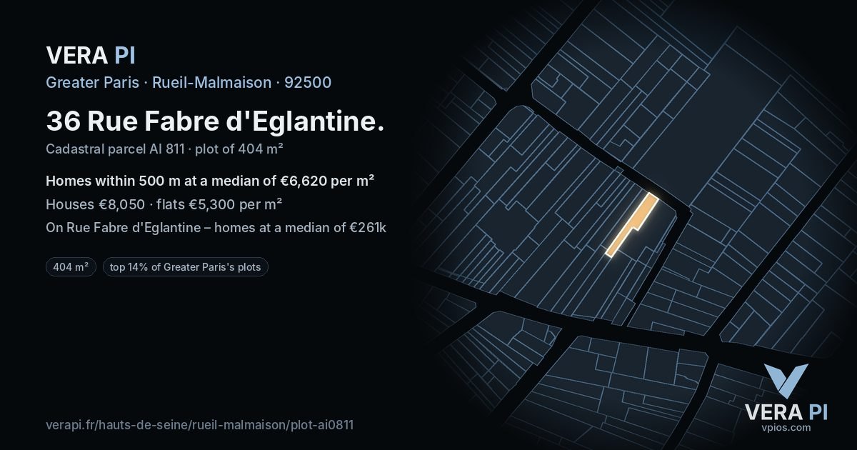 36 Rue Fabre d'Eglantine, Rueil-Malmaison at night – the plot lit, the parcels around coloured by the prices near them