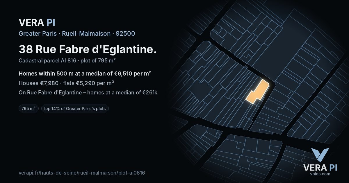 38 Rue Fabre d'Eglantine, Rueil-Malmaison at night – the plot lit, the parcels around coloured by the prices near them