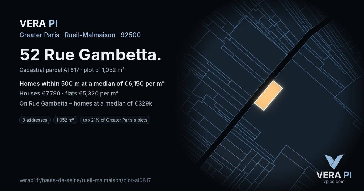 52 Rue Gambetta, Rueil-Malmaison at night – the plot lit, the parcels around coloured by the prices near them