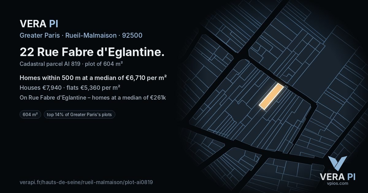 22 Rue Fabre d'Eglantine, Rueil-Malmaison at night – the plot lit, the parcels around coloured by the prices near them