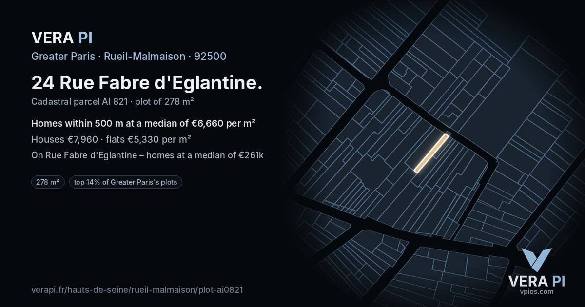 24 Rue Fabre d'Eglantine, Rueil-Malmaison at night – the plot lit, the parcels around coloured by the prices near them