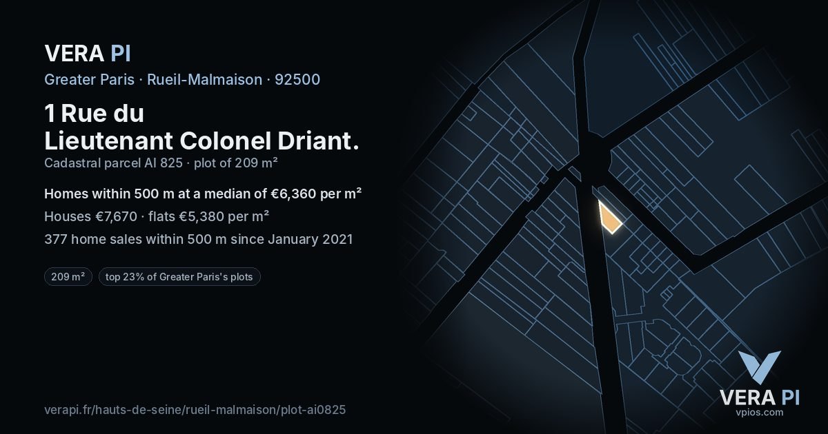 1 Rue du Lieutenant Colonel Driant, Rueil-Malmaison at night – the plot lit, the parcels around coloured by the prices near them