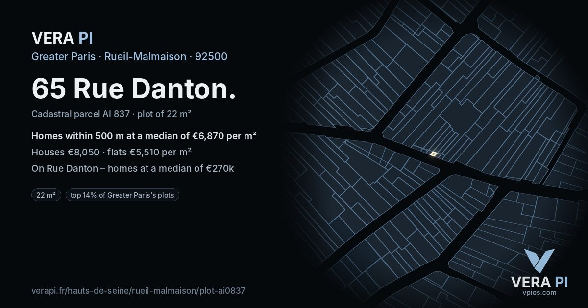 65 Rue Danton, Rueil-Malmaison at night – the plot lit, the parcels around coloured by the prices near them