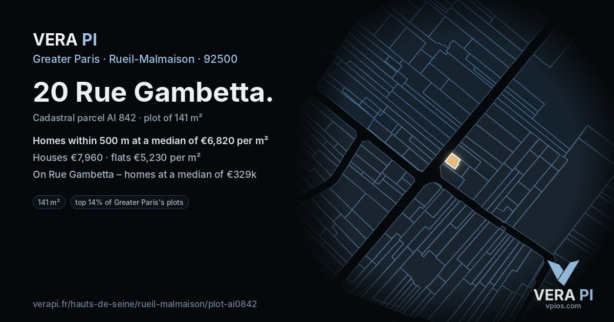 20 Rue Gambetta, Rueil-Malmaison at night – the plot lit, the parcels around coloured by the prices near them