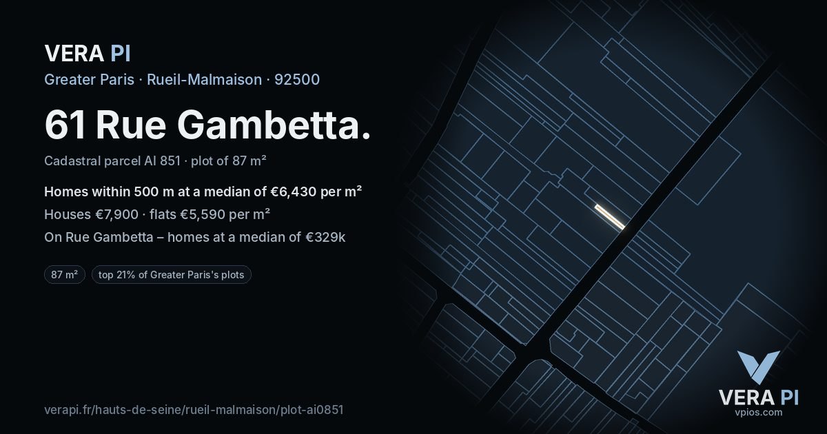 61 Rue Gambetta, Rueil-Malmaison at night – the plot lit, the parcels around coloured by the prices near them