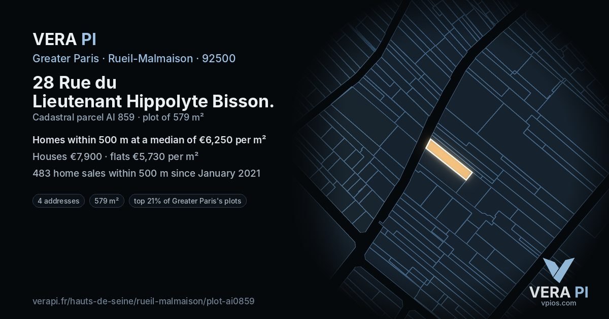 28 Rue du Lieutenant Hippolyte Bisson, Rueil-Malmaison at night – the plot lit, the parcels around coloured by the prices near them