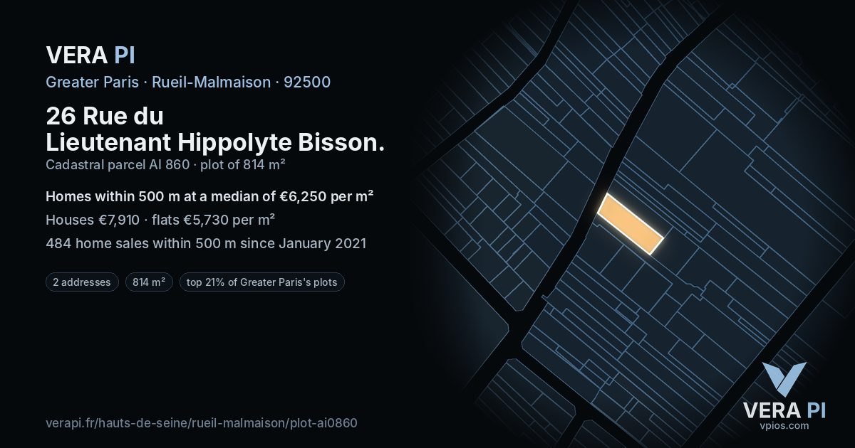 26 Rue du Lieutenant Hippolyte Bisson, Rueil-Malmaison at night – the plot lit, the parcels around coloured by the prices near them
