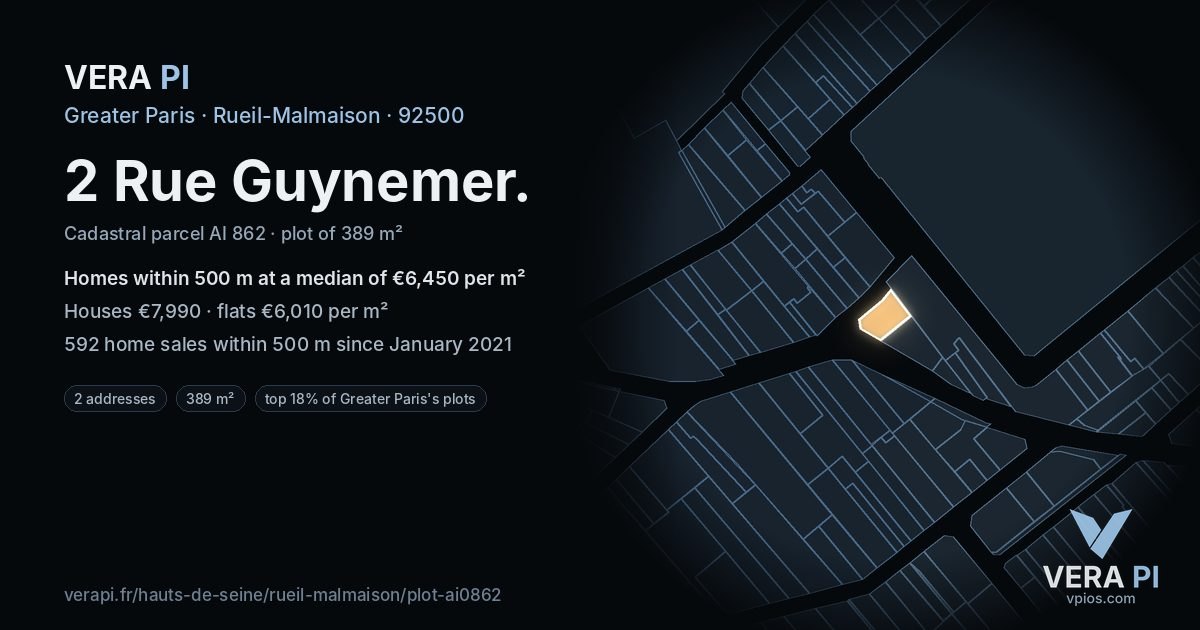 2 Rue Guynemer, Rueil-Malmaison at night – the plot lit, the parcels around coloured by the prices near them