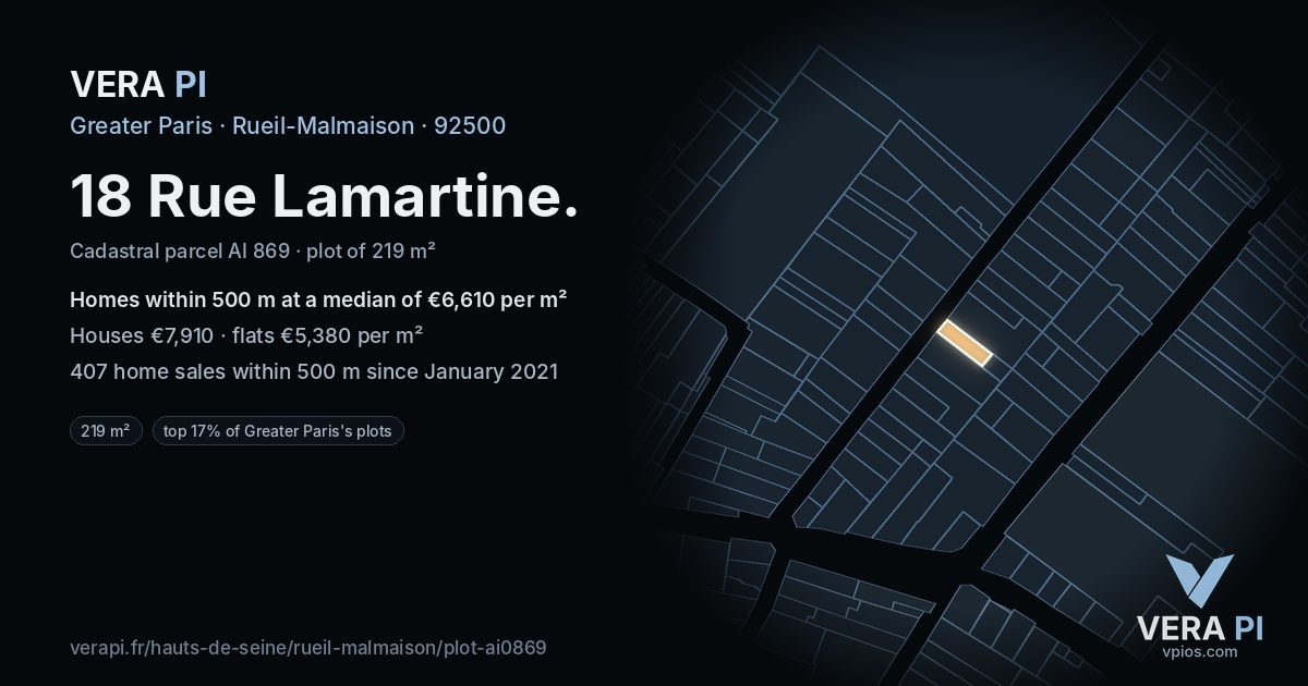 18 Rue Lamartine, Rueil-Malmaison at night – the plot lit, the parcels around coloured by the prices near them