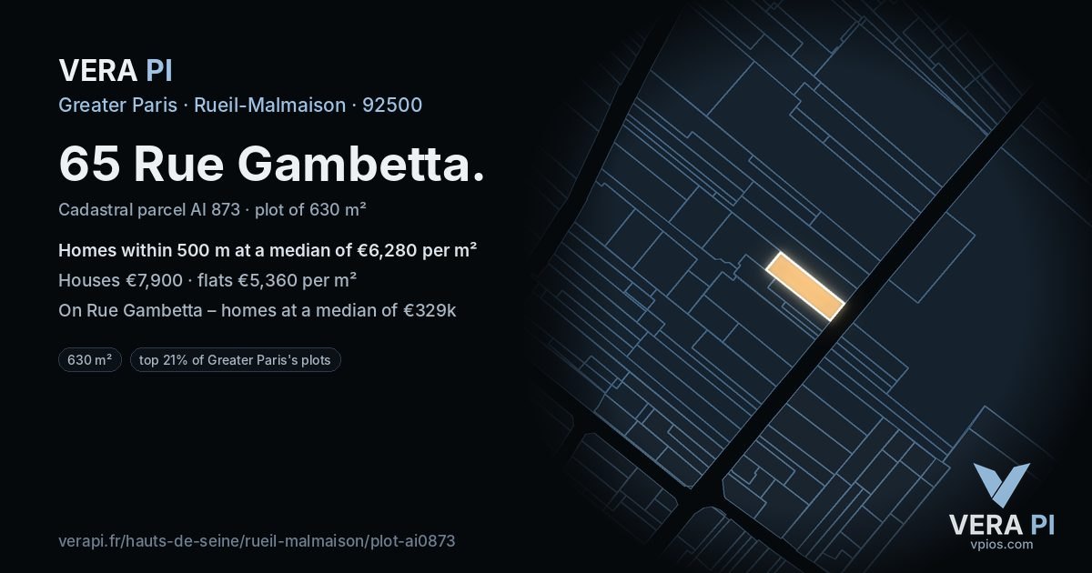 65 Rue Gambetta, Rueil-Malmaison at night – the plot lit, the parcels around coloured by the prices near them