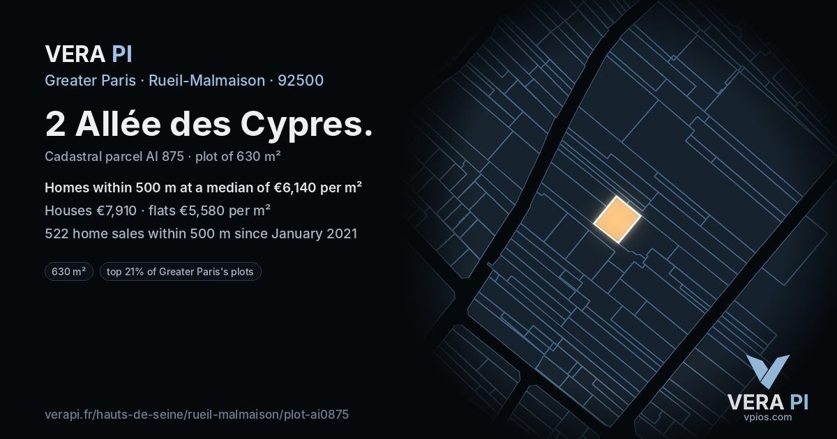 2 Allée des Cypres, Rueil-Malmaison at night – the plot lit, the parcels around coloured by the prices near them