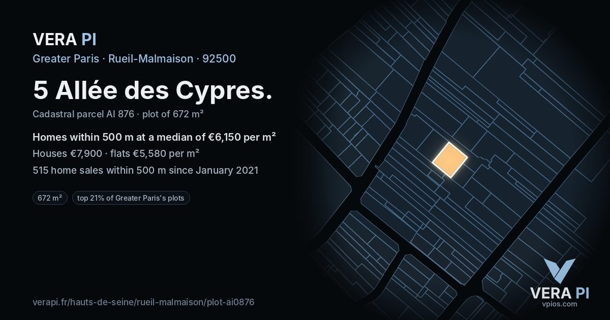 5 Allée des Cypres, Rueil-Malmaison at night – the plot lit, the parcels around coloured by the prices near them