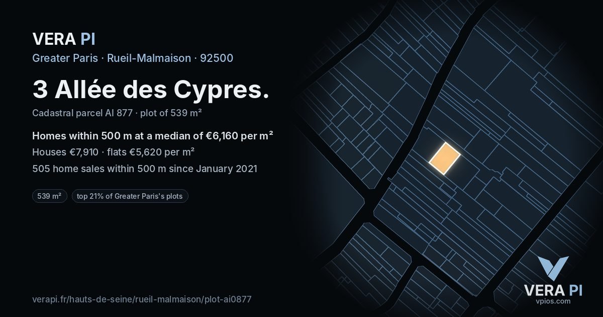 3 Allée des Cypres, Rueil-Malmaison at night – the plot lit, the parcels around coloured by the prices near them