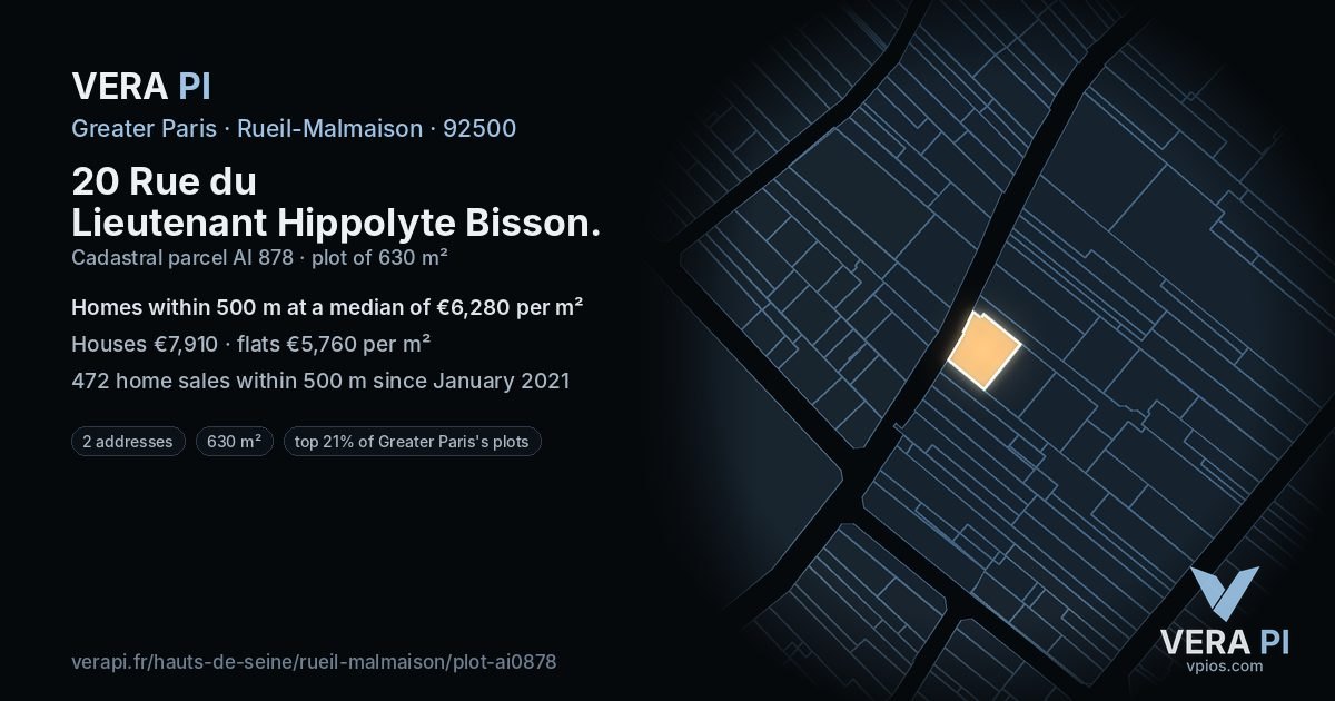 20 Rue du Lieutenant Hippolyte Bisson, Rueil-Malmaison at night – the plot lit, the parcels around coloured by the prices near them