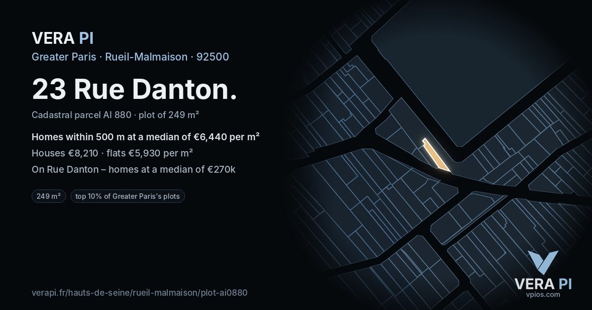 23 Rue Danton, Rueil-Malmaison at night – the plot lit, the parcels around coloured by the prices near them
