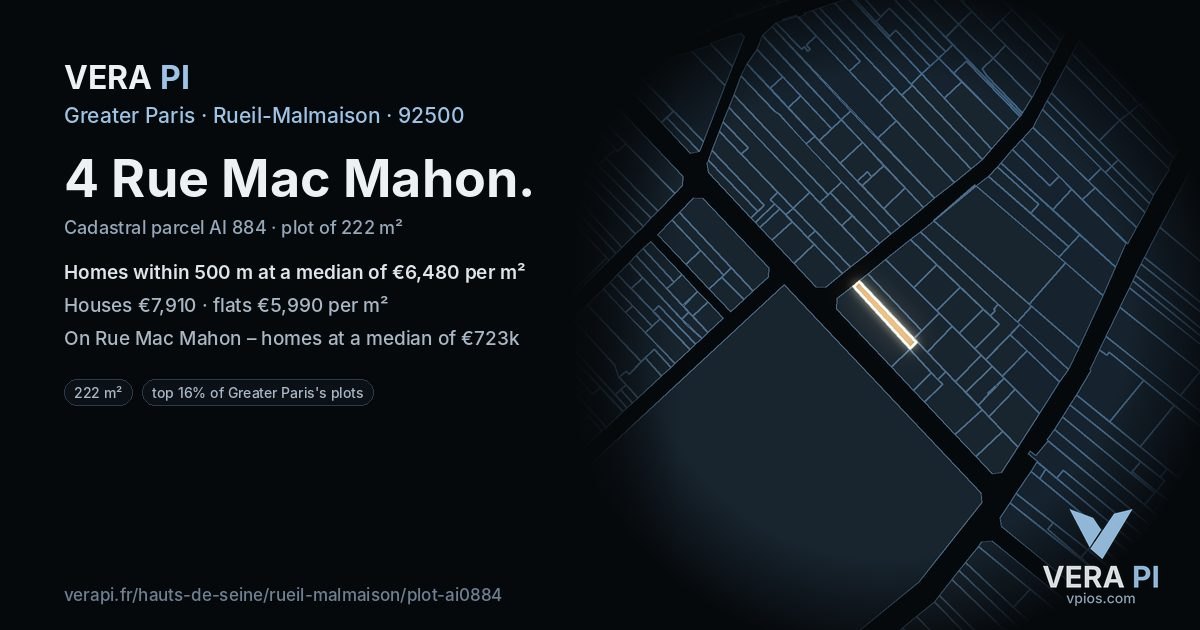 4 Rue Mac Mahon, Rueil-Malmaison at night – the plot lit, the parcels around coloured by the prices near them