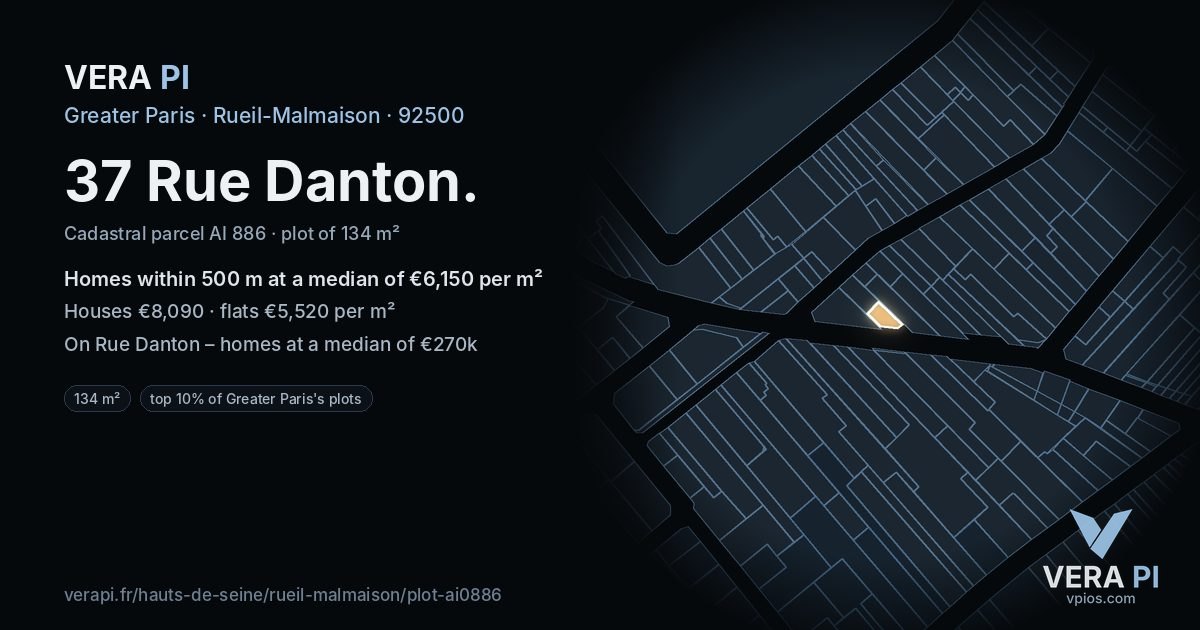 37 Rue Danton, Rueil-Malmaison at night – the plot lit, the parcels around coloured by the prices near them
