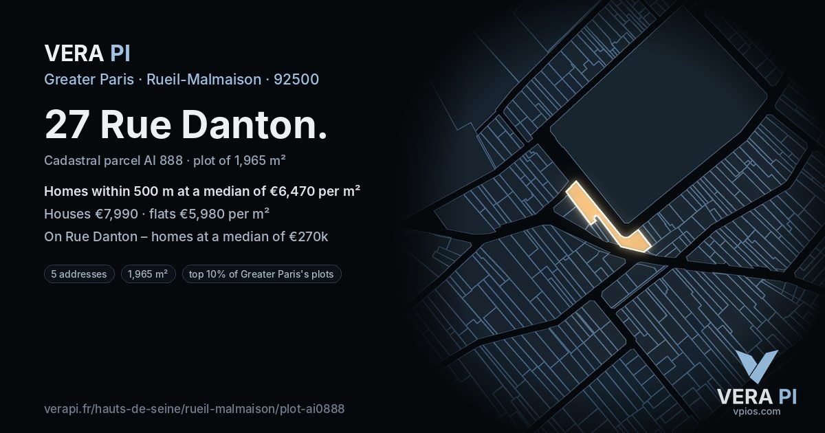 27 Rue Danton, Rueil-Malmaison at night – the plot lit, the parcels around coloured by the prices near them