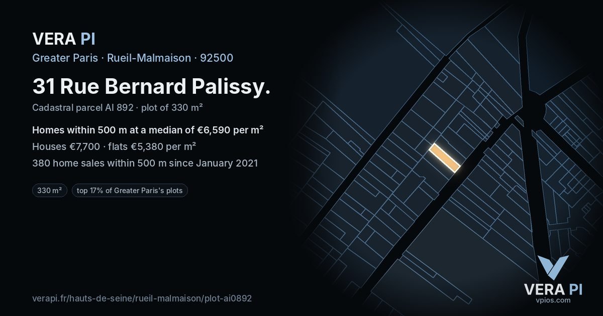 31 Rue Bernard Palissy, Rueil-Malmaison at night – the plot lit, the parcels around coloured by the prices near them