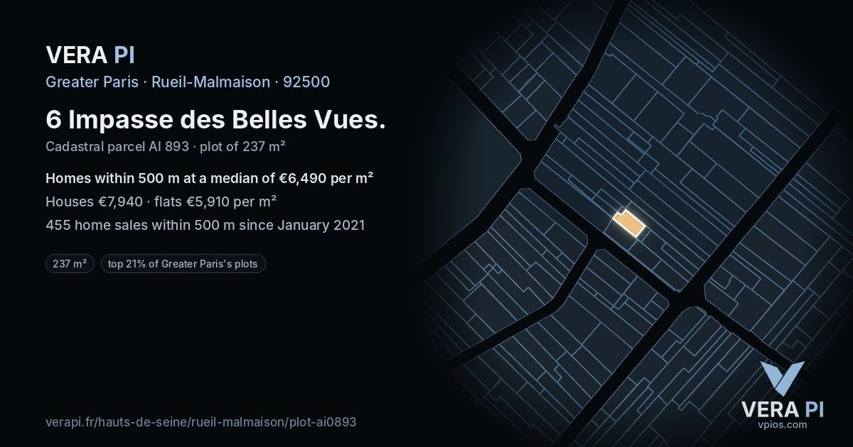 6 Impasse des Belles Vues, Rueil-Malmaison at night – the plot lit, the parcels around coloured by the prices near them