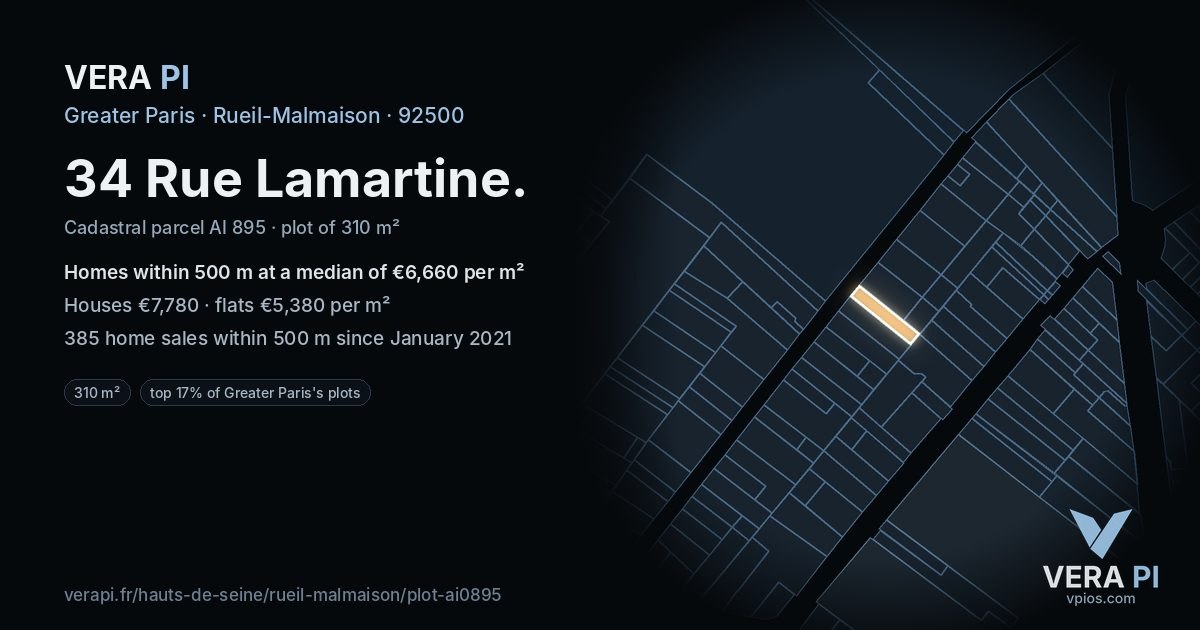 34 Rue Lamartine, Rueil-Malmaison at night – the plot lit, the parcels around coloured by the prices near them