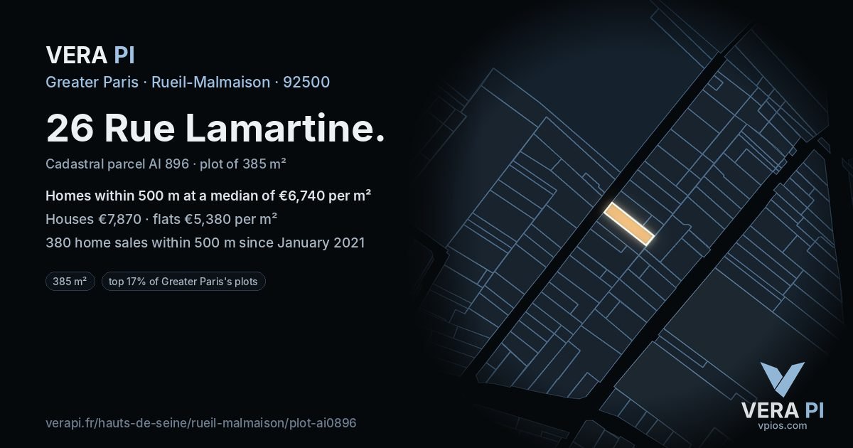 26 Rue Lamartine, Rueil-Malmaison at night – the plot lit, the parcels around coloured by the prices near them