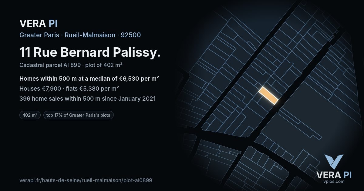 11 Rue Bernard Palissy, Rueil-Malmaison at night – the plot lit, the parcels around coloured by the prices near them