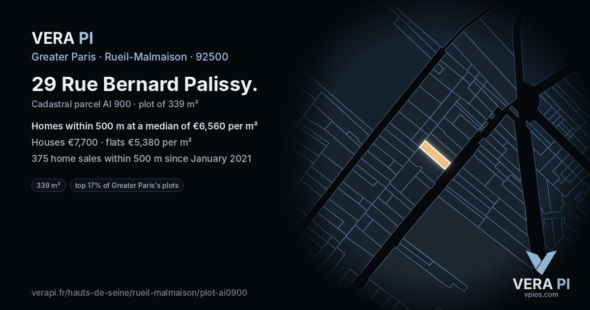 29 Rue Bernard Palissy, Rueil-Malmaison at night – the plot lit, the parcels around coloured by the prices near them