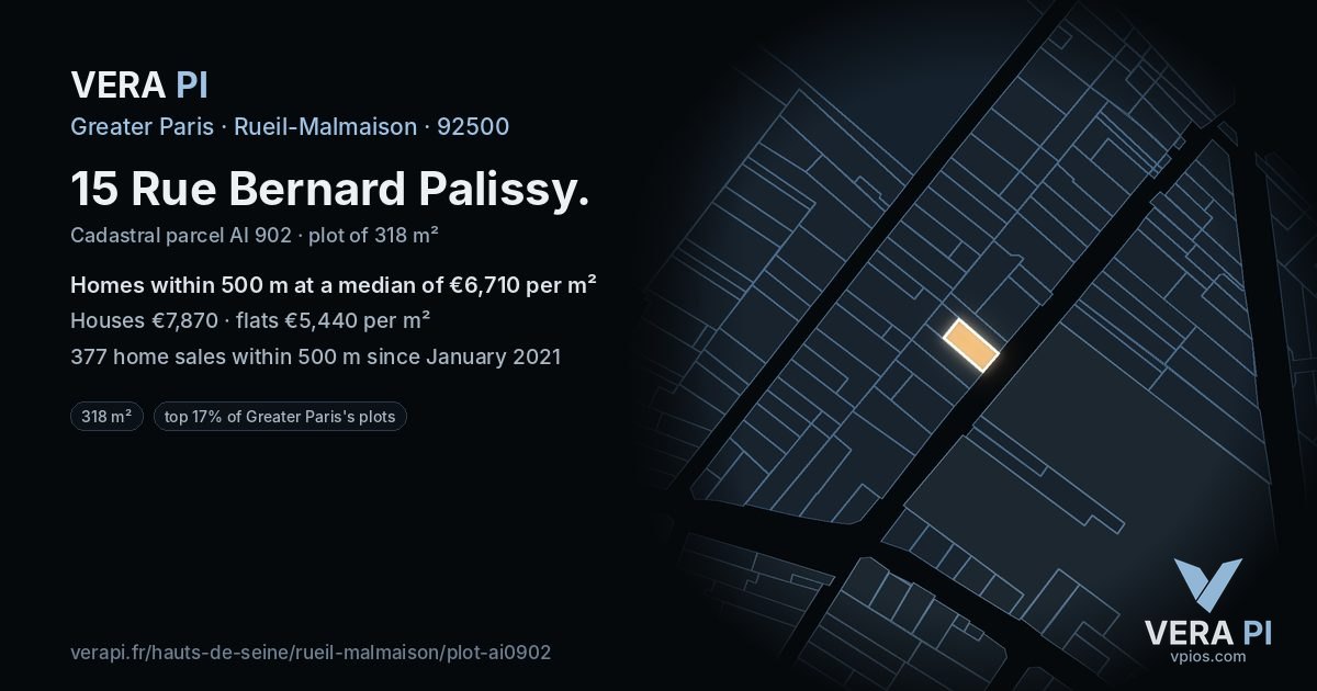 15 Rue Bernard Palissy, Rueil-Malmaison at night – the plot lit, the parcels around coloured by the prices near them