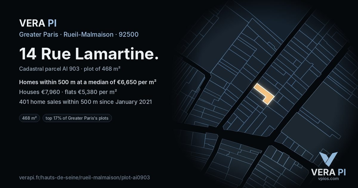 14 Rue Lamartine, Rueil-Malmaison at night – the plot lit, the parcels around coloured by the prices near them