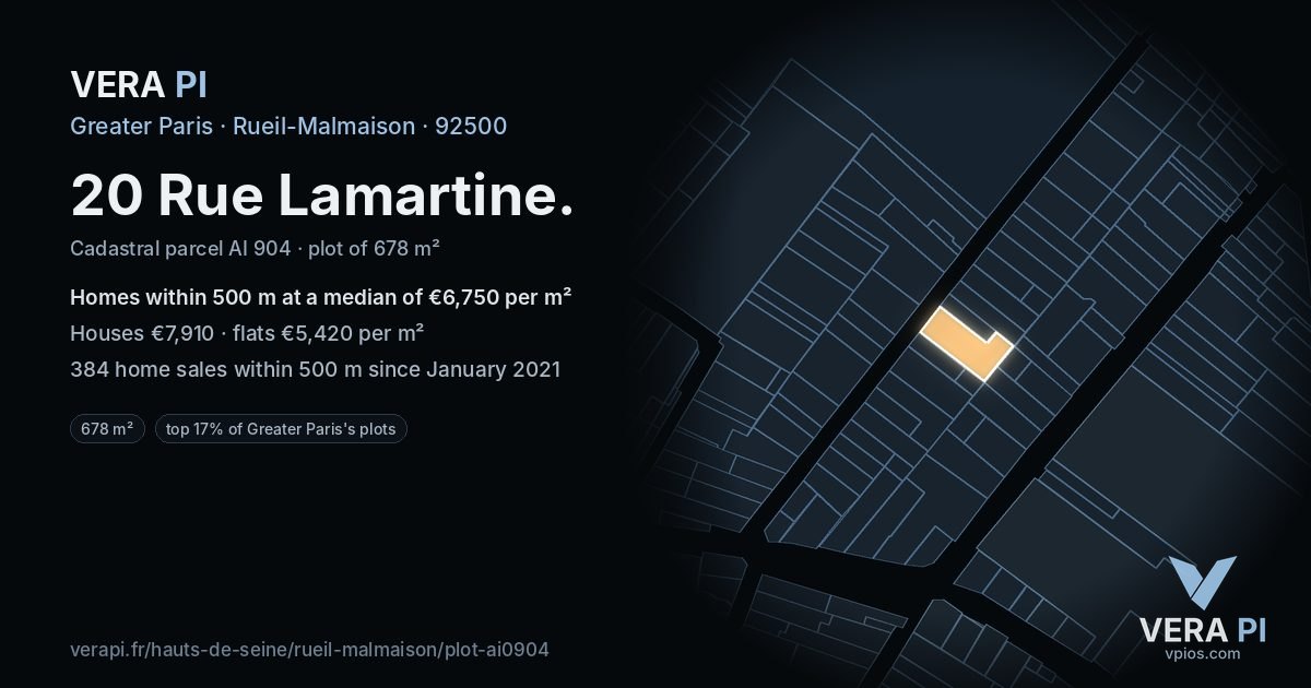 20 Rue Lamartine, Rueil-Malmaison at night – the plot lit, the parcels around coloured by the prices near them