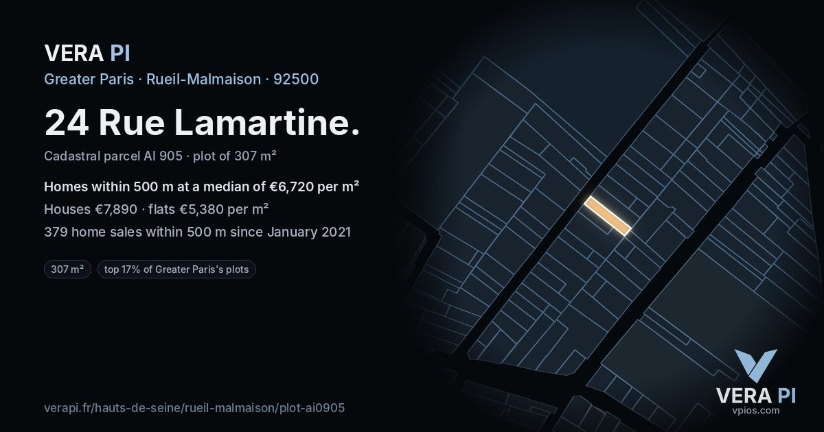 24 Rue Lamartine, Rueil-Malmaison at night – the plot lit, the parcels around coloured by the prices near them