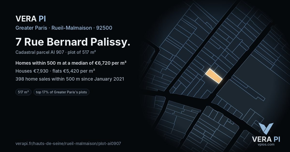 7 Rue Bernard Palissy, Rueil-Malmaison at night – the plot lit, the parcels around coloured by the prices near them