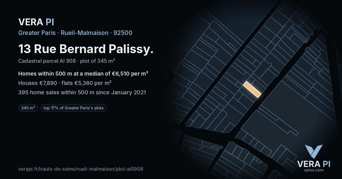 13 Rue Bernard Palissy, Rueil-Malmaison at night – the plot lit, the parcels around coloured by the prices near them