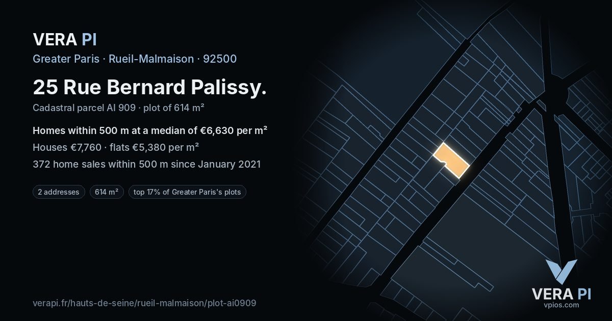 25 Rue Bernard Palissy, Rueil-Malmaison at night – the plot lit, the parcels around coloured by the prices near them
