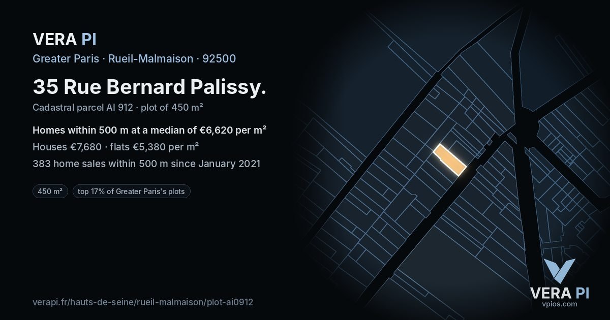 35 Rue Bernard Palissy, Rueil-Malmaison at night – the plot lit, the parcels around coloured by the prices near them