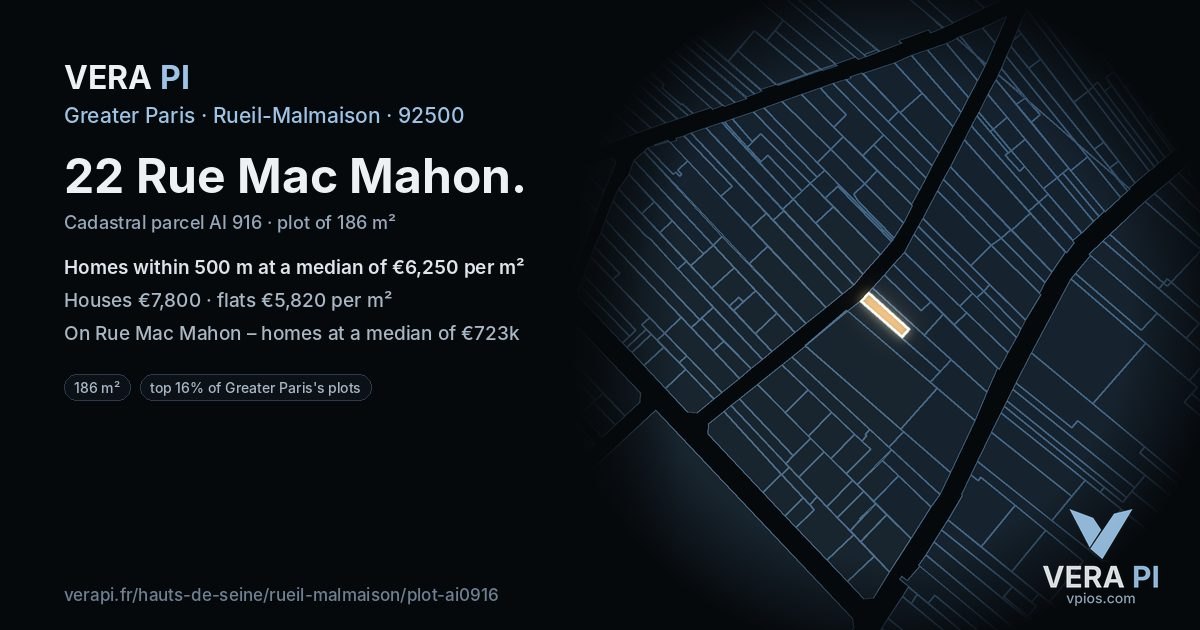 22 Rue Mac Mahon, Rueil-Malmaison at night – the plot lit, the parcels around coloured by the prices near them