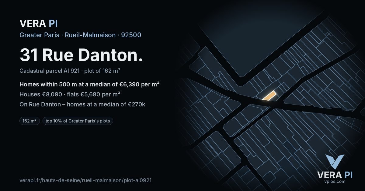 31 Rue Danton, Rueil-Malmaison at night – the plot lit, the parcels around coloured by the prices near them