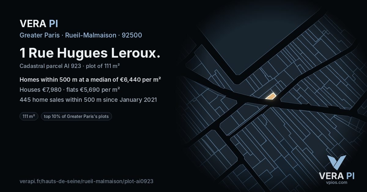 1 Rue Hugues Leroux, Rueil-Malmaison at night – the plot lit, the parcels around coloured by the prices near them