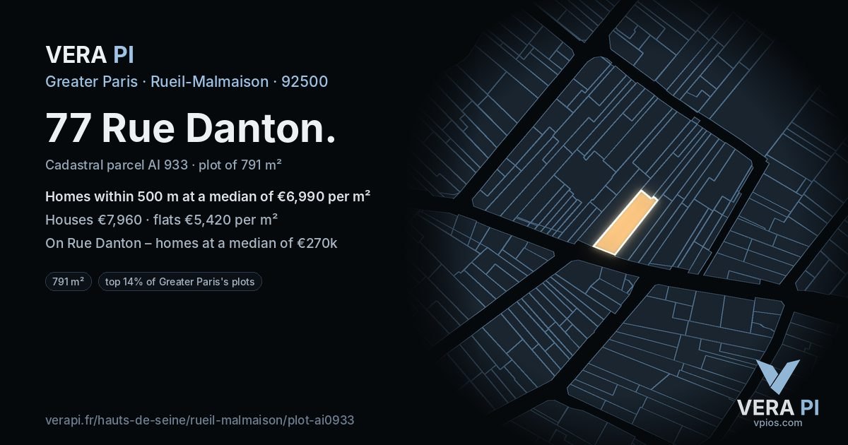 77 Rue Danton, Rueil-Malmaison at night – the plot lit, the parcels around coloured by the prices near them
