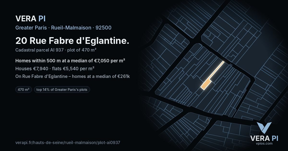 20 Rue Fabre d'Eglantine, Rueil-Malmaison at night – the plot lit, the parcels around coloured by the prices near them