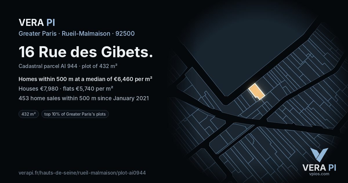 16 Rue des Gibets, Rueil-Malmaison at night – the plot lit, the parcels around coloured by the prices near them