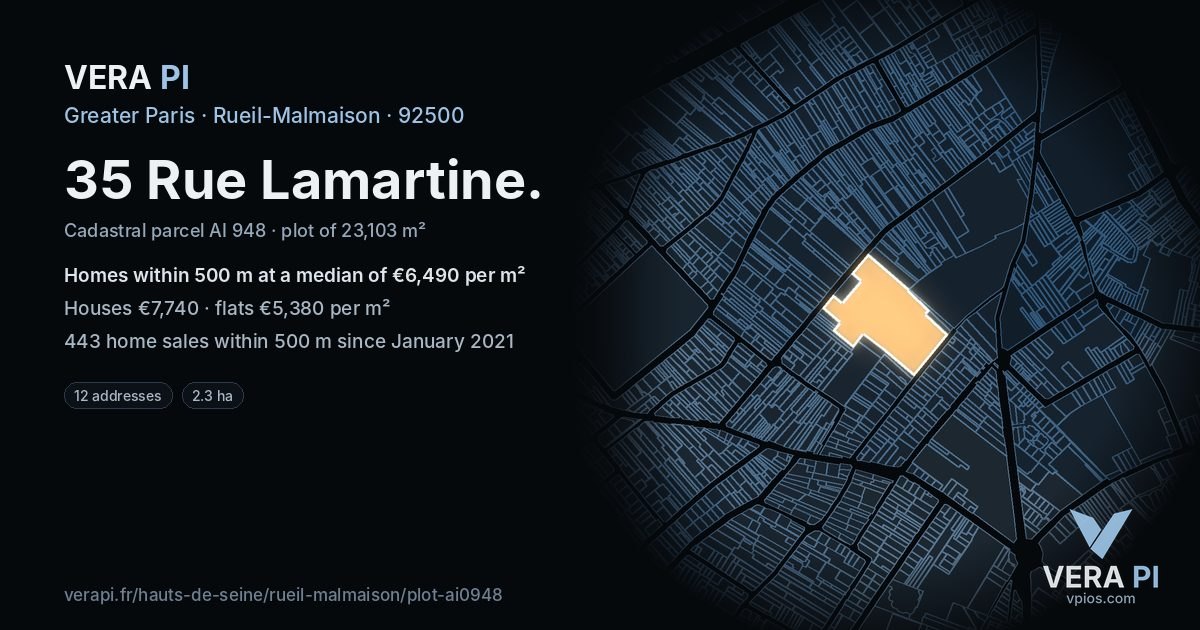 35 Rue Lamartine, Rueil-Malmaison at night – the plot lit, the parcels around coloured by the prices near them