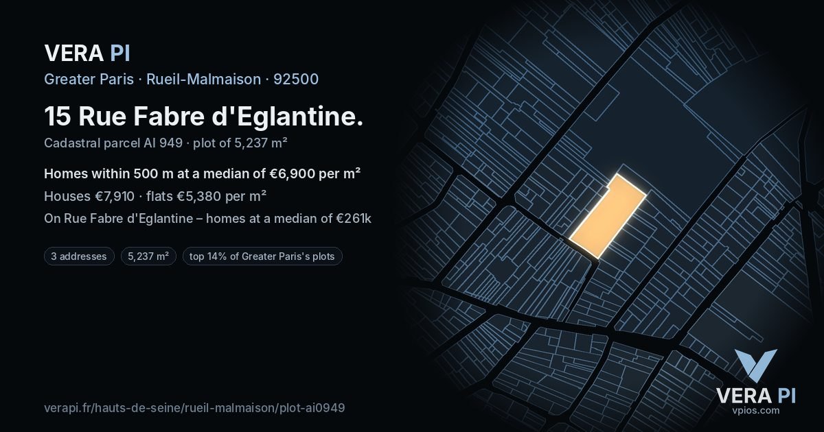 15 Rue Fabre d'Eglantine, Rueil-Malmaison at night – the plot lit, the parcels around coloured by the prices near them