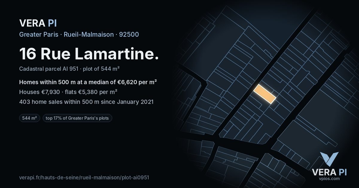 16 Rue Lamartine, Rueil-Malmaison at night – the plot lit, the parcels around coloured by the prices near them