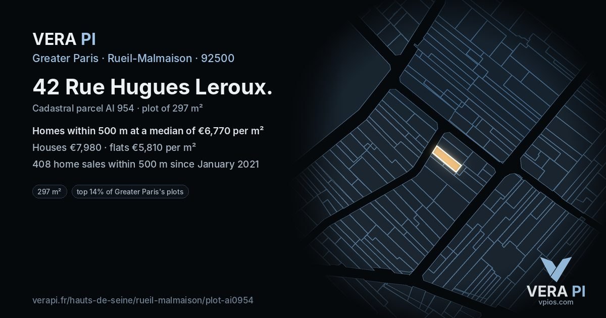 42 Rue Hugues Leroux, Rueil-Malmaison at night – the plot lit, the parcels around coloured by the prices near them