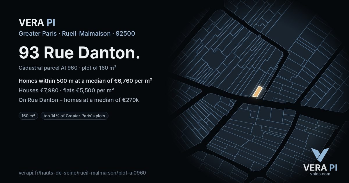 93 Rue Danton, Rueil-Malmaison at night – the plot lit, the parcels around coloured by the prices near them